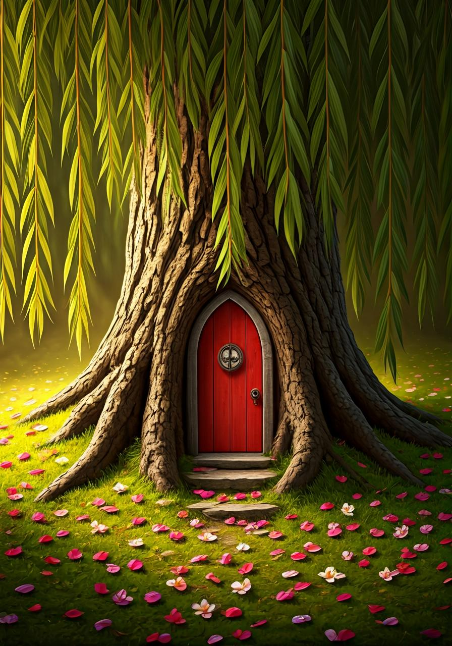 A large tree with a red door at its base and flower petals on the grass.