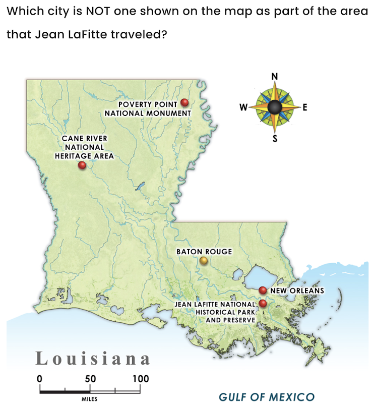 Map of Louisiana showing places associated with Jean LaFitte's travels, including New Orleans, Baton Rouge, Jean Lafitte National Historical Park and Preserve, Cane River National Heritage Area, and Poverty Point National Monument.