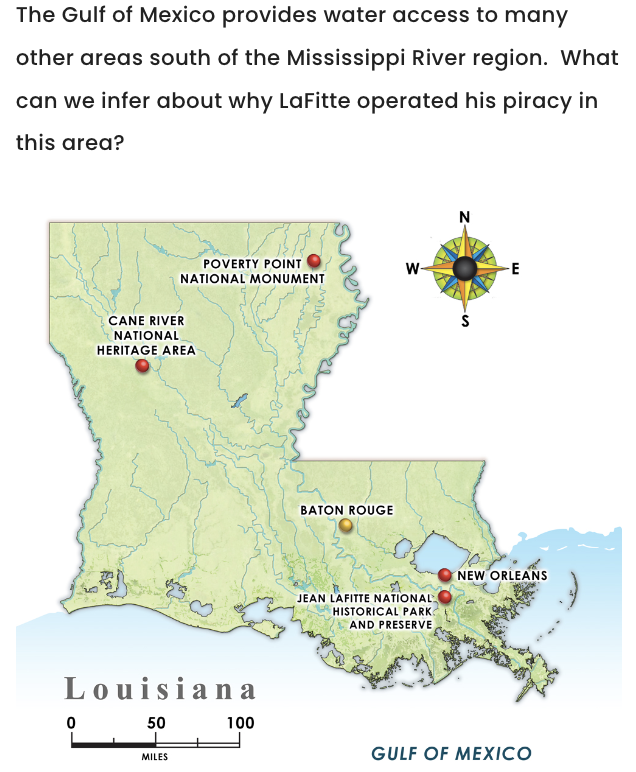 Map of Louisiana showing locations such as New Orleans and the Gulf of Mexico, with a compass rose.