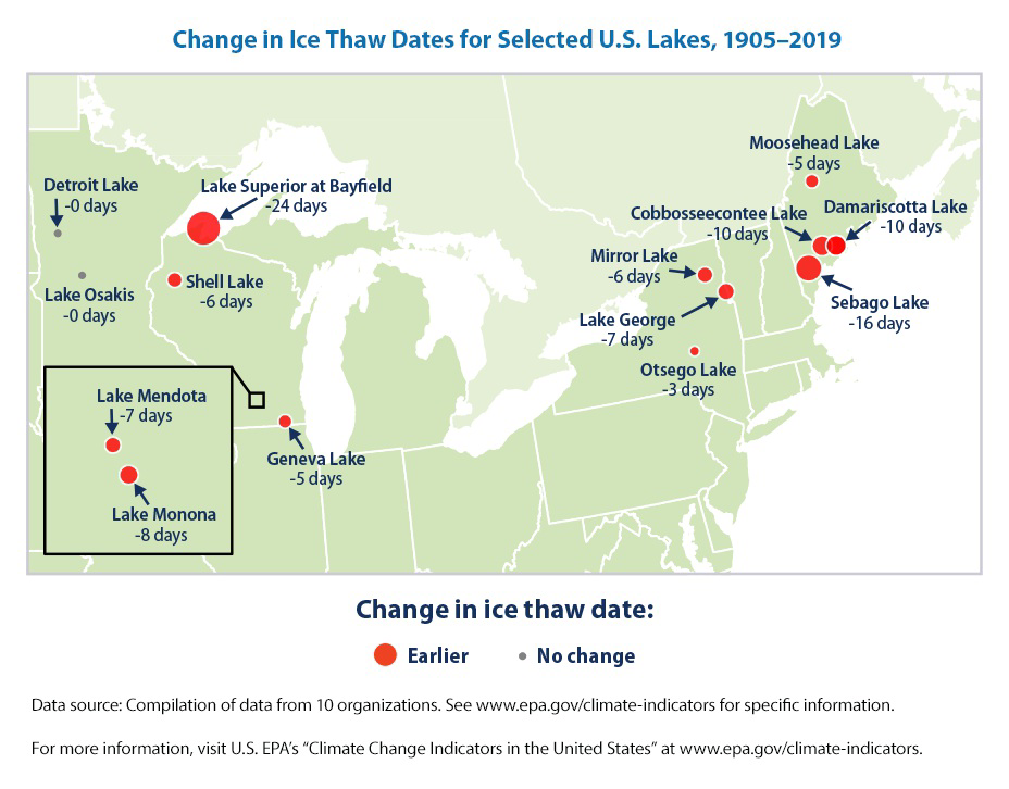 Map showing change in ice thaw dates for selected U.S. lakes between 1905 and 2019