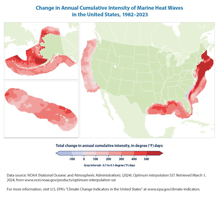 Map showing change in annual cumulative intensity of marine heat waves along U.S. coasts between 1982 and 2023