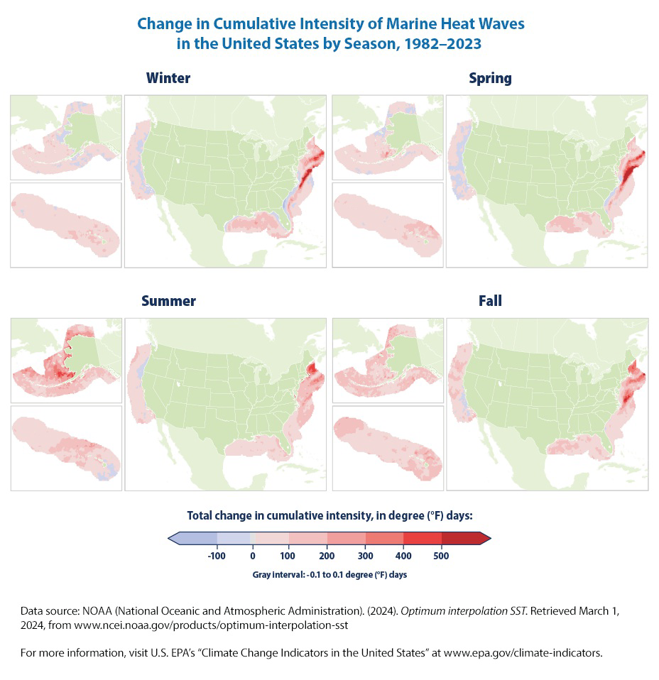 Maps showing the change in cumulative intensity of marine heat waves in the United States by season (winter, spring, summer, fall) from 1982 to 2023, along with a scale of total change in cumulative intensity in degree Fahrenheit days.
