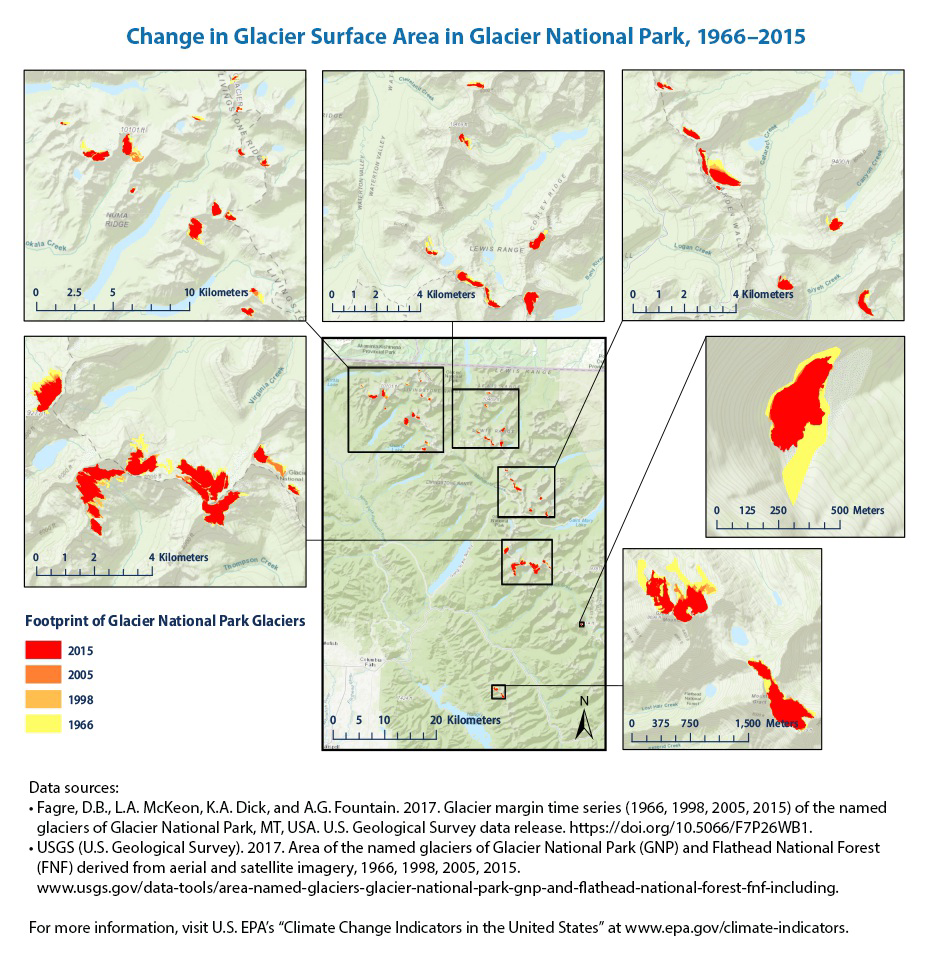 Maps showing change in glacier surface area in Glacier National Park from 1966 to 2015
