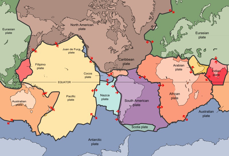 World map showing major tectonic plates