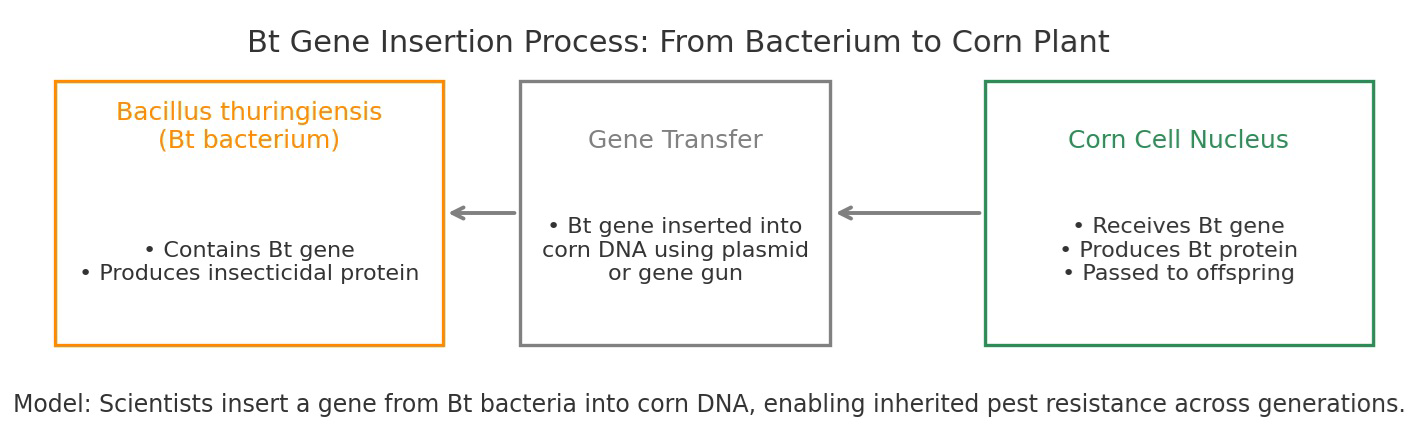 Bt Gene Insertion Process: From Bacterium to Corn Plant. Diagram shows Bacillus thuringiensis (Bt bacterium) containing a Bt gene that produces insecticidal protein. The Bt gene is transferred into corn DNA using a plasmid or gene gun, and then located in the corn cell nucleus, where it is received, produces Bt protein, and is passed to offspring. Caption states that scientists insert a gene from Bt bacteria into corn DNA, enabling inherited pest resistance across generations.