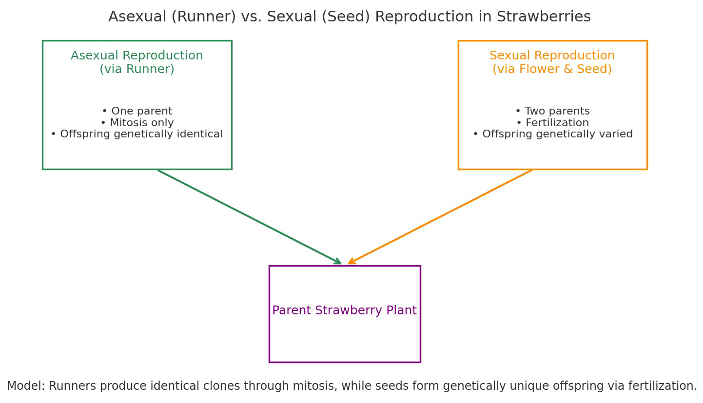 Diagram comparing asexual reproduction via runner and sexual reproduction via flower and seed in strawberries, both leading to a parent strawberry plant.