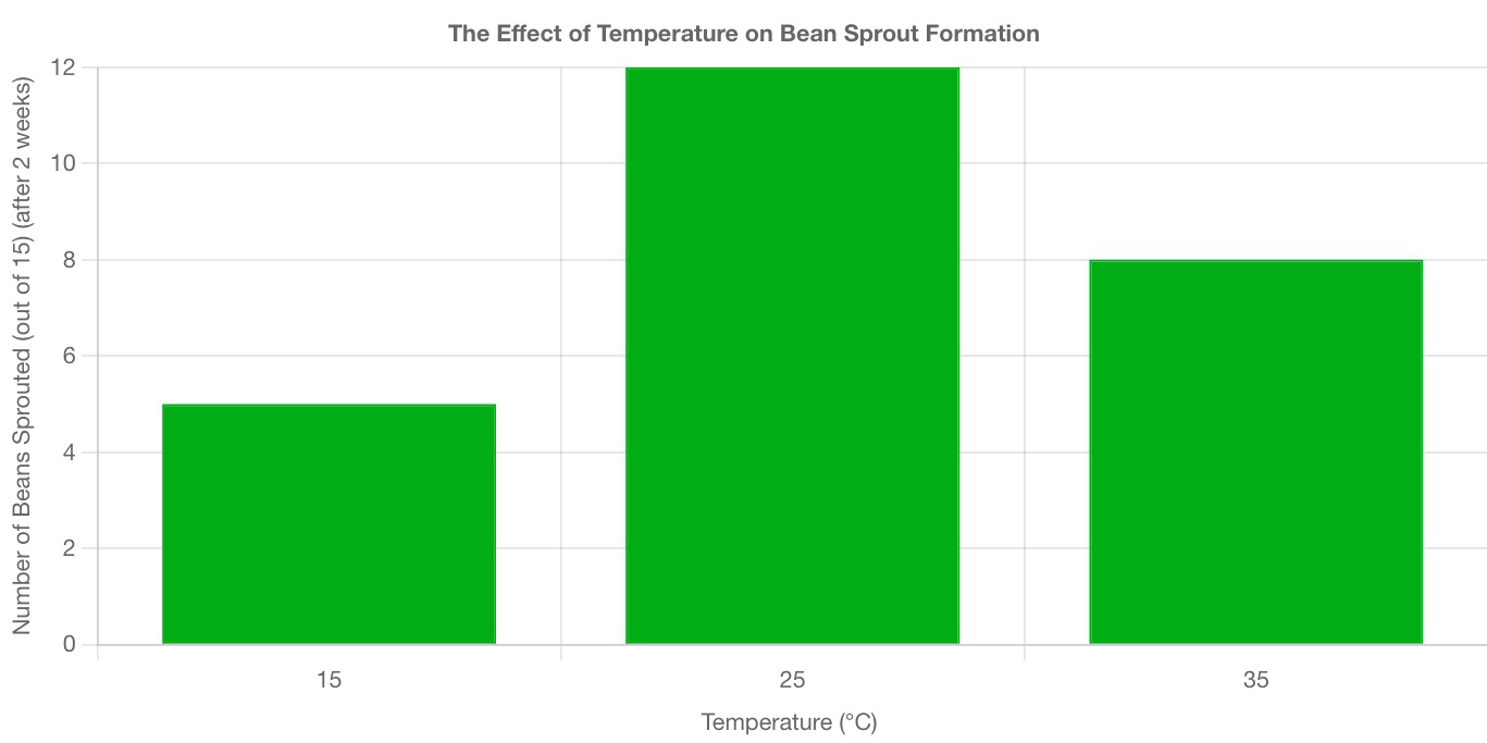 Bar graph titled 'The Effect of Temperature on Bean Sprout Formation' showing number of beans sprouted out of 15 at temperatures 15°C, 25°C, and 35°C.