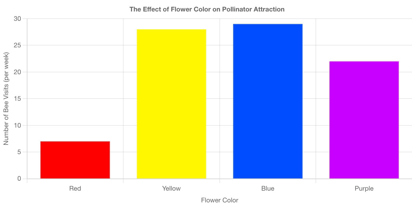 Bar graph titled 'The Effect of Flower Color on Pollinator Attraction' showing number of bee visits per week to red, yellow, blue, and purple flowers.