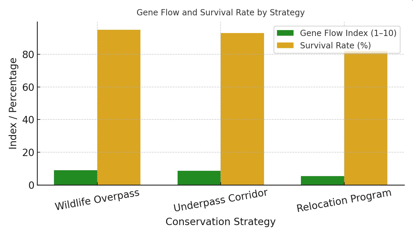 Bar graph showing gene flow index and survival rate by conservation strategy: Wildlife Overpass, Underpass Corridor, and Relocation Program.