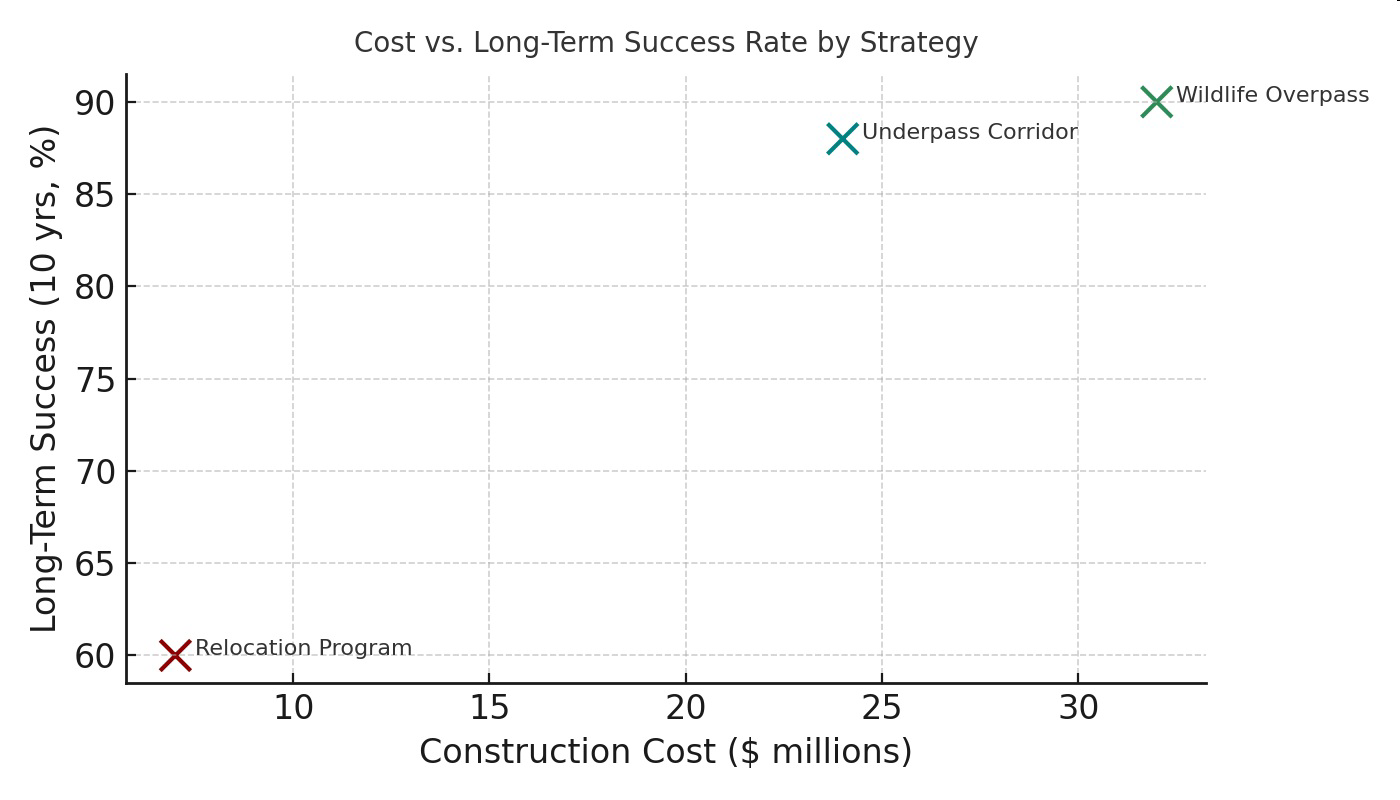 Cost vs. Long-Term Success Rate by Strategy graph showing three strategies: Relocation Program, Underpass Corridor, and Wildlife Overpass.