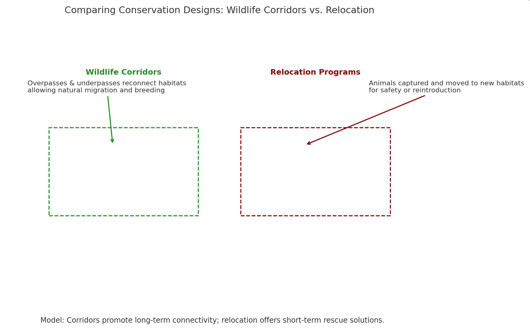 Diagram comparing wildlife corridors and relocation programs.