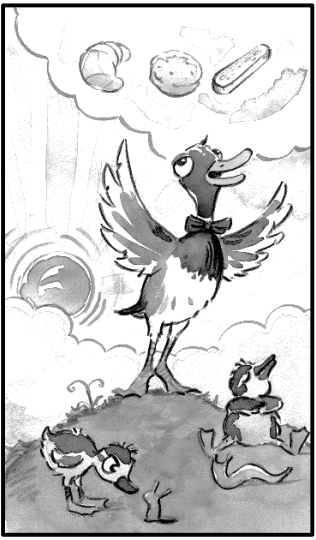 Illustration of Orville Duck dreaming of fancy foods while other ducks look on.