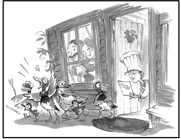 A chef welcomes a group of surprised ducks at the cabin door while people watch from a window.