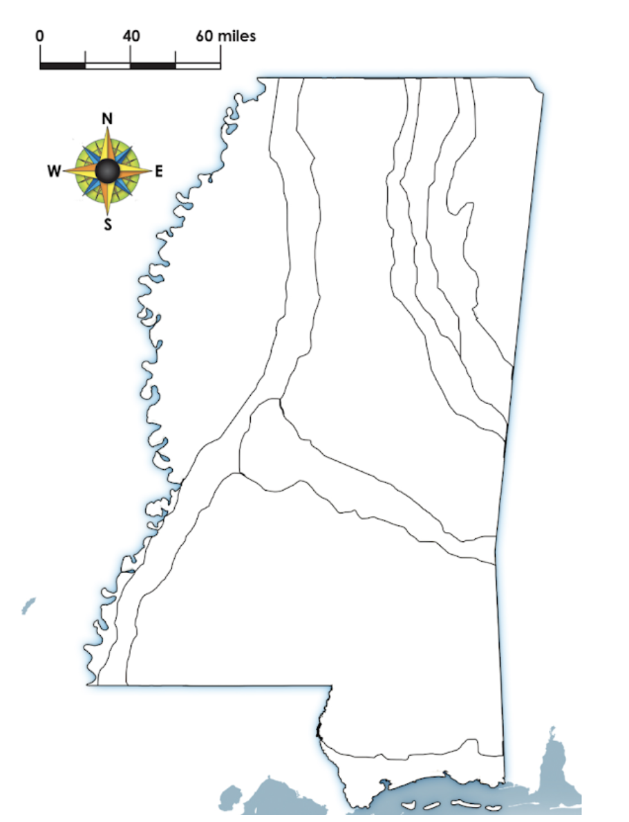 Map of Mississippi with regions outlined and scale bar