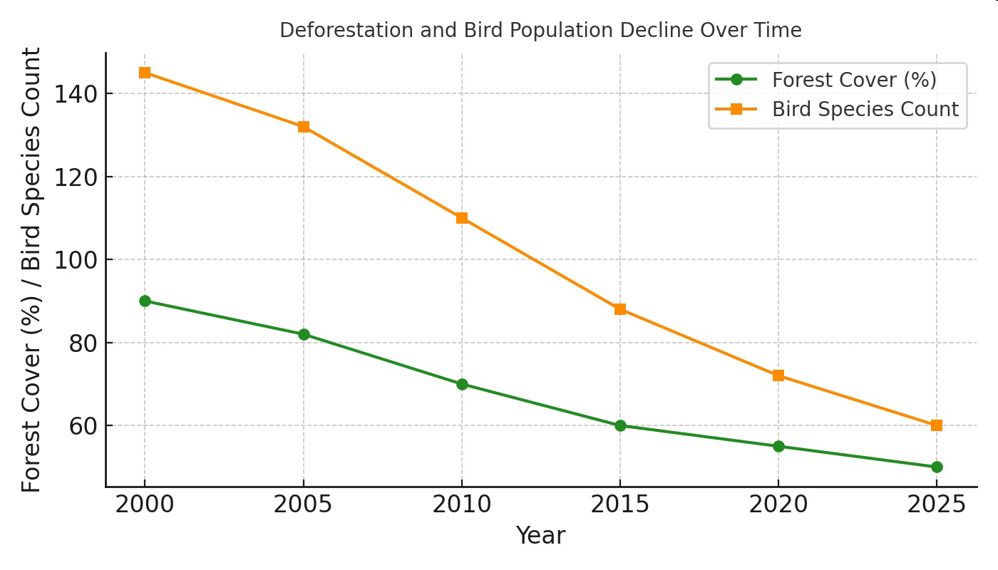 Deforestation and bird population decline over time graph showing forest cover percentage and bird species count from 2000 to 2025.