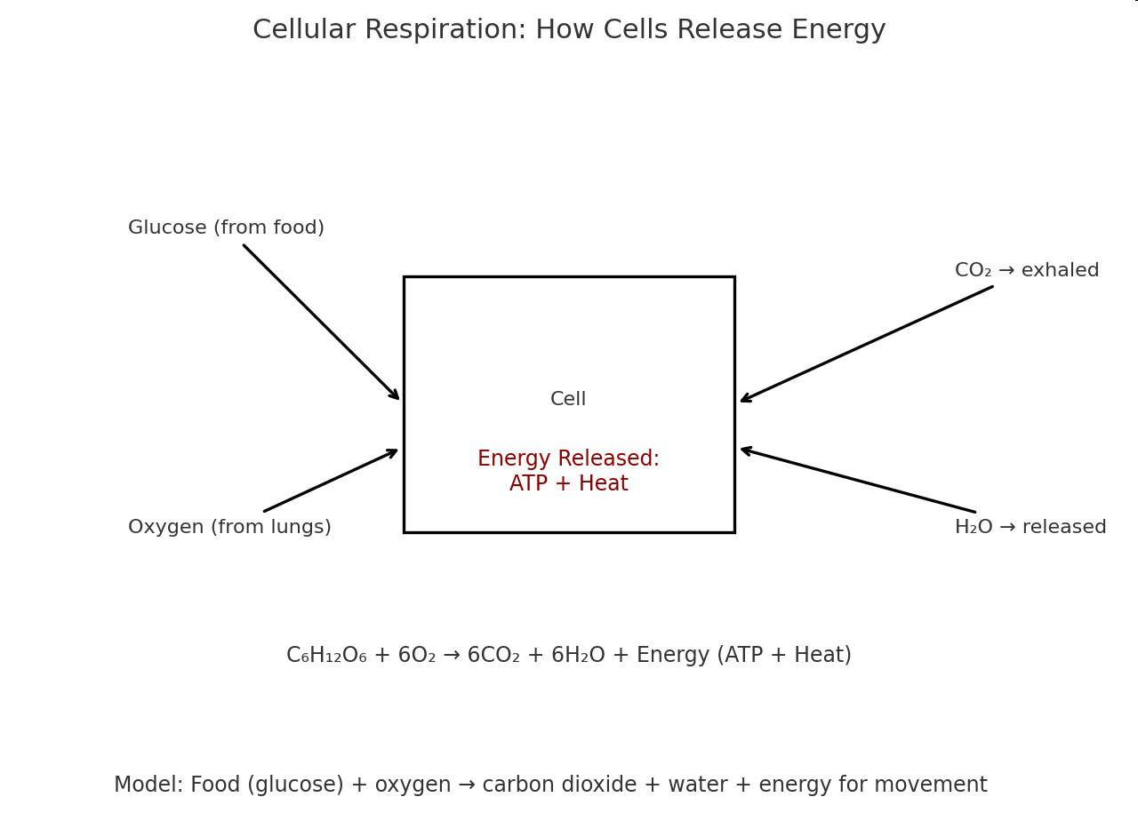 Diagram of cellular respiration showing glucose and oxygen entering a cell and carbon dioxide, water, and energy being released.