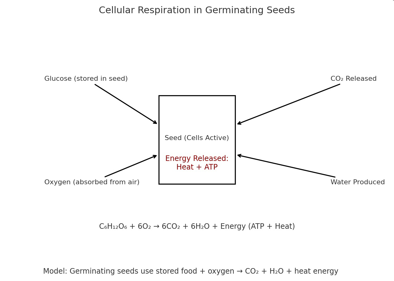 Diagram of cellular respiration in germinating seeds showing glucose and oxygen entering an active seed, carbon dioxide and water exiting, and energy released as heat and ATP.