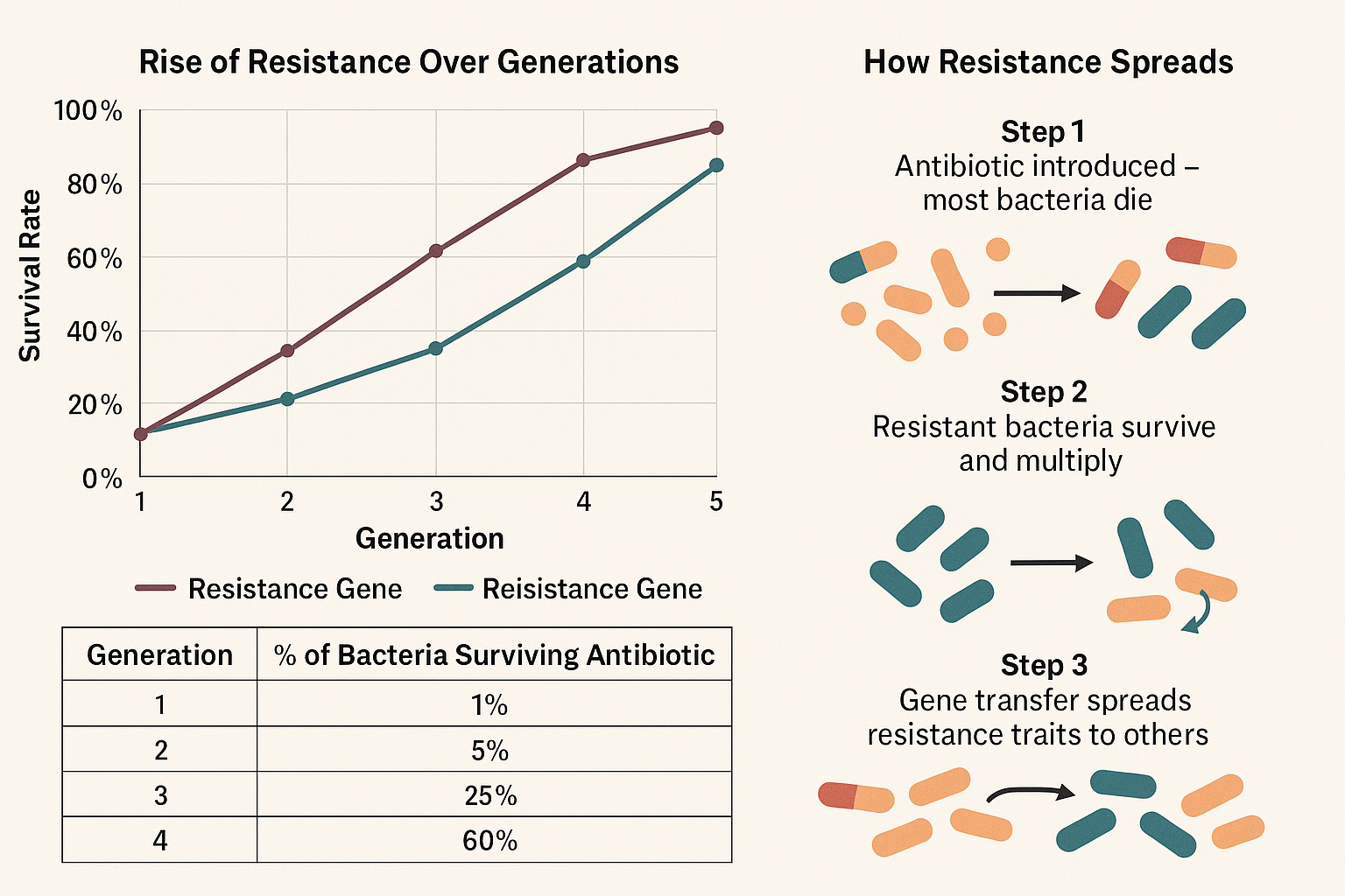 Graph and diagram titled 'Rise of Resistance Over Generations' and 'How Resistance Spreads,' with a table of percentage of bacteria surviving antibiotics.