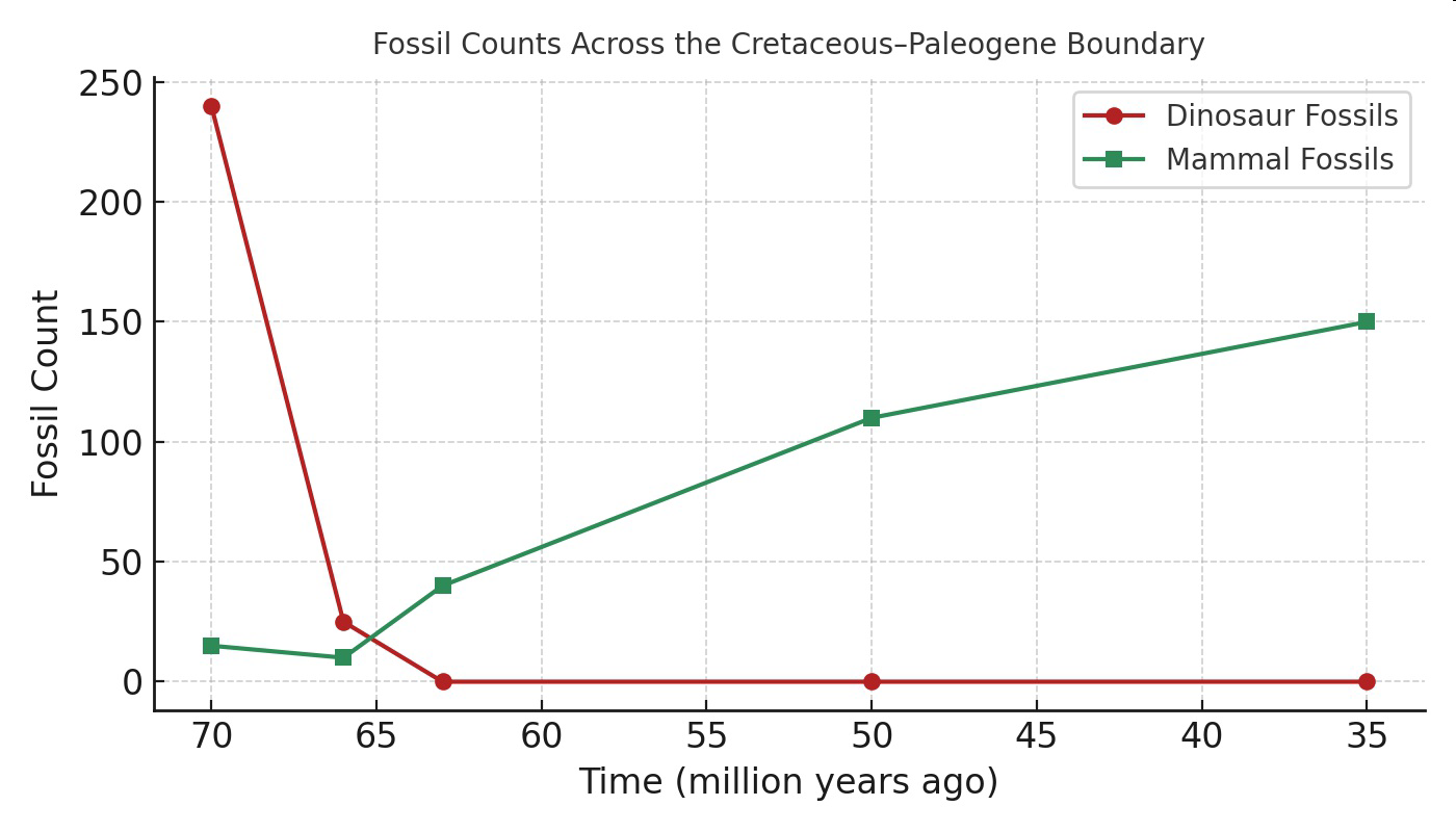 null Graph titled Fossil Counts Across the Cretaceous-Paleogene Boundary, showing dinosaur and mammal fossil counts over time in millions of years ago.
