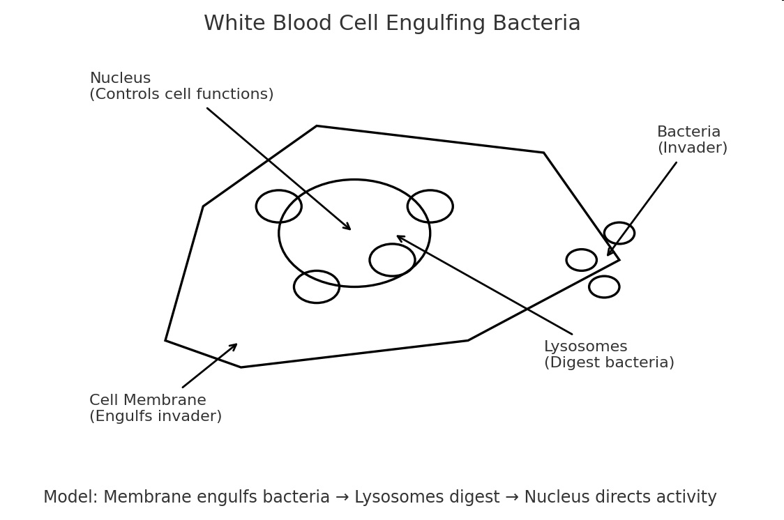 Diagram of a white blood cell engulfing bacteria, showing nucleus, lysosomes, cell membrane, and invading bacteria.
