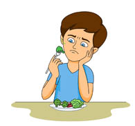 Illustration of a boy looking unhappily at vegetables on his plate