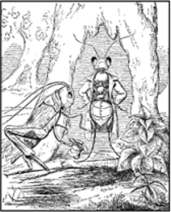 The cricket speaking to the ant at the entrance of a tree.