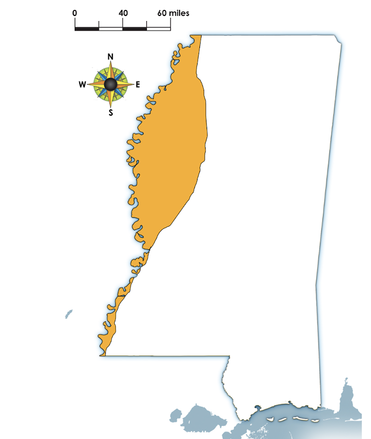 Map of Mississippi with a narrow western region highlighted in orange.
