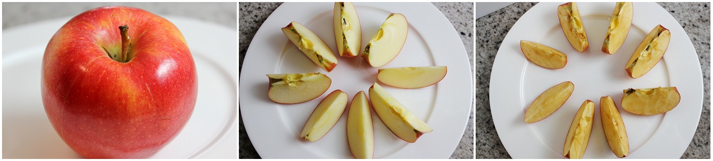 Whole apple, freshly cut apple slices, and browned apple slices on plates
