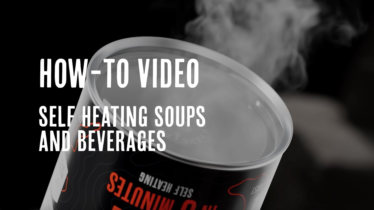 How-to video still image of a self-heating soup and beverage container releasing steam.