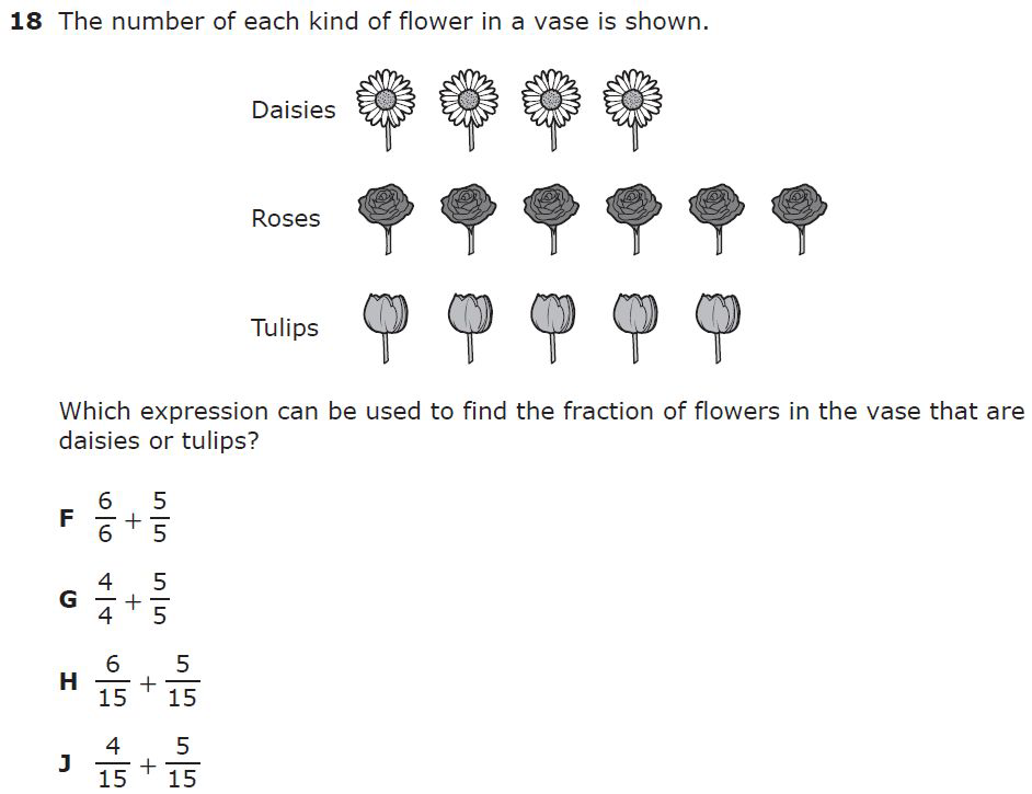 null Flowers in a vase: six daisies, five roses, and four tulips with answer choices showing fraction expressions.