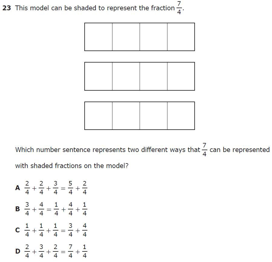 Three rectangular fraction models each divided into four equal parts.