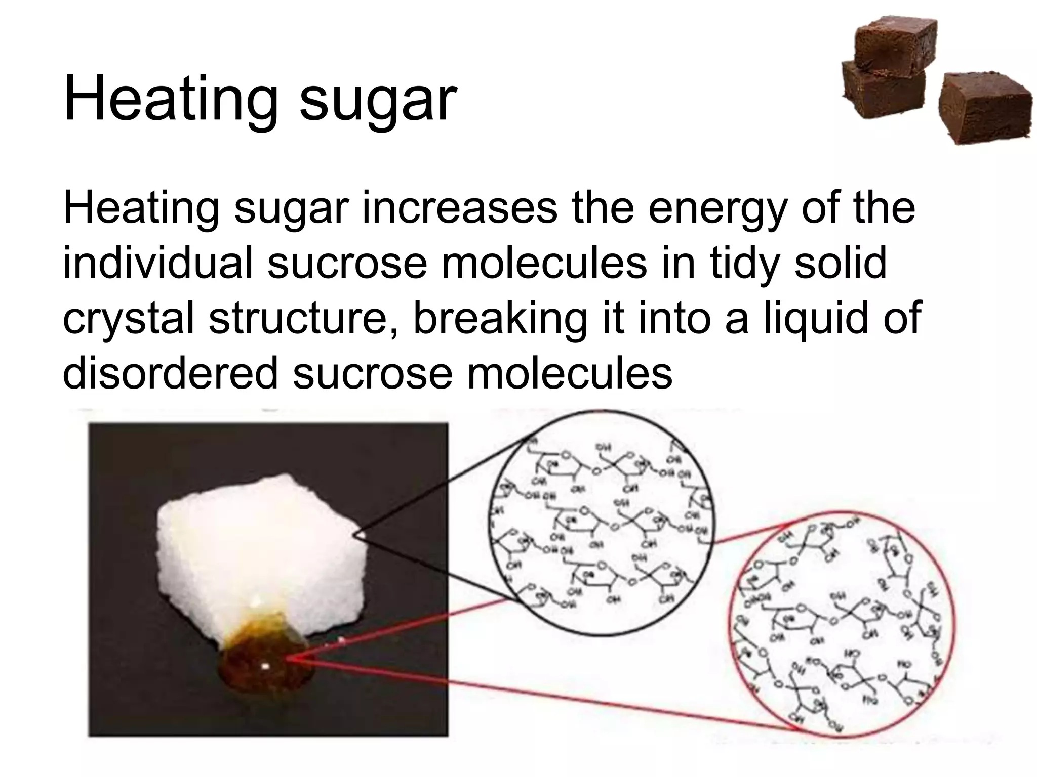 Diagram showing heating sugar and changes in sucrose molecules