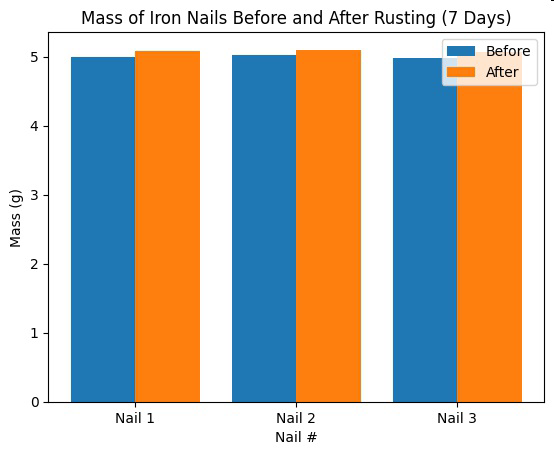 Bar graph titled Mass of Iron Nails Before and After Rusting (7 Days) with data for Nail 1, Nail 2, and Nail 3, showing mass before and after rusting.