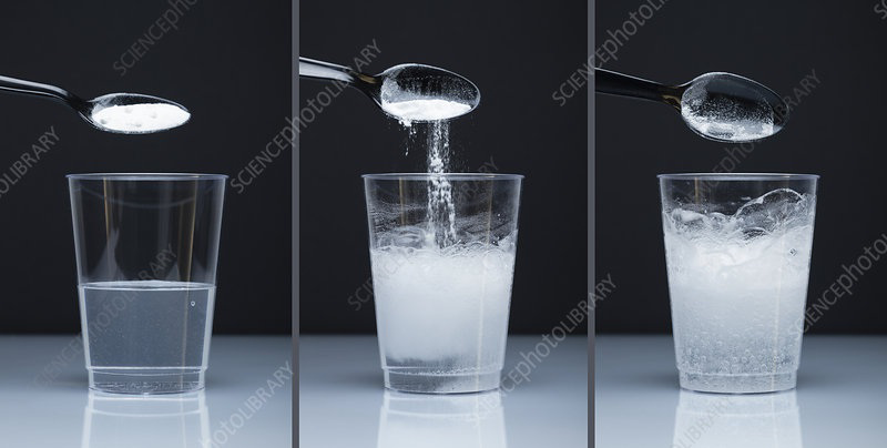 Three-panel photograph showing baking soda being added to a clear liquid in a cup, leading to bubbling and gas production.