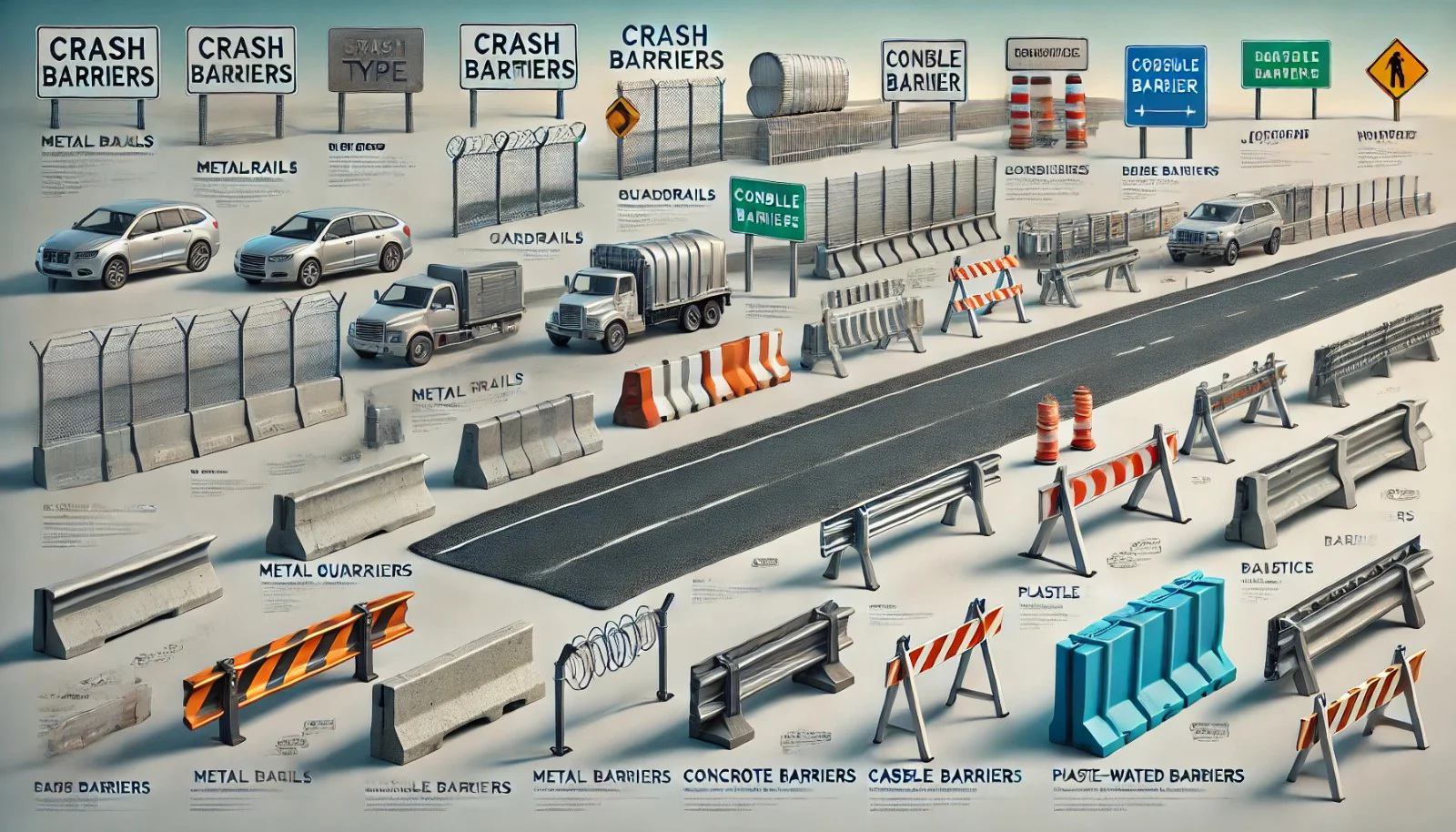 Various types of crash barriers along a roadway