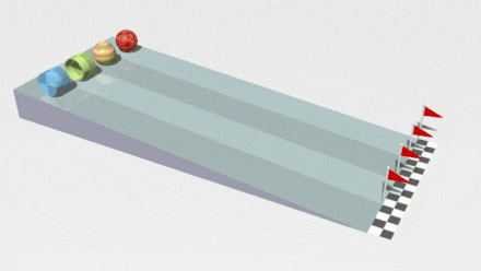 Diagram 1: Several balls rolling down parallel lanes on a ramp toward a finish line.