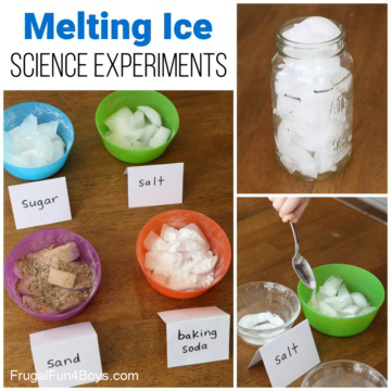 Melting Ice Science Experiments with bowls of ice and different materials such as sugar, salt, sand, and baking soda