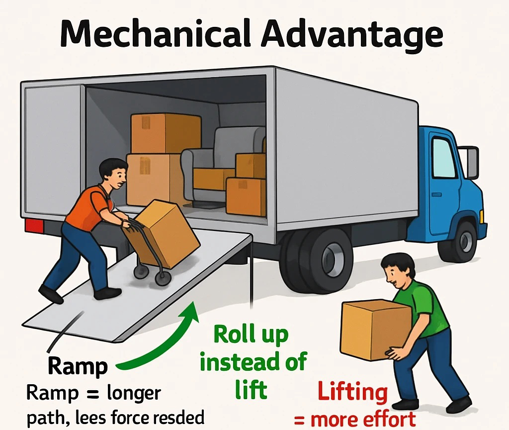 null Mechanical advantage diagram showing a person pushing a box up a ramp into a truck versus lifting a box straight up.
