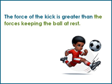 The force of the kick is greater than the forces keeping the ball at rest.