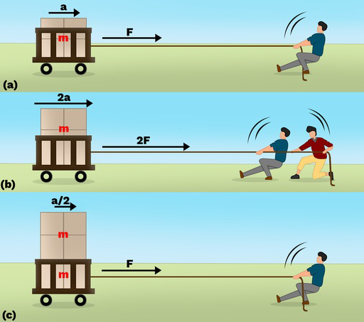Diagram showing a cart being pulled with different forces and accelerations.