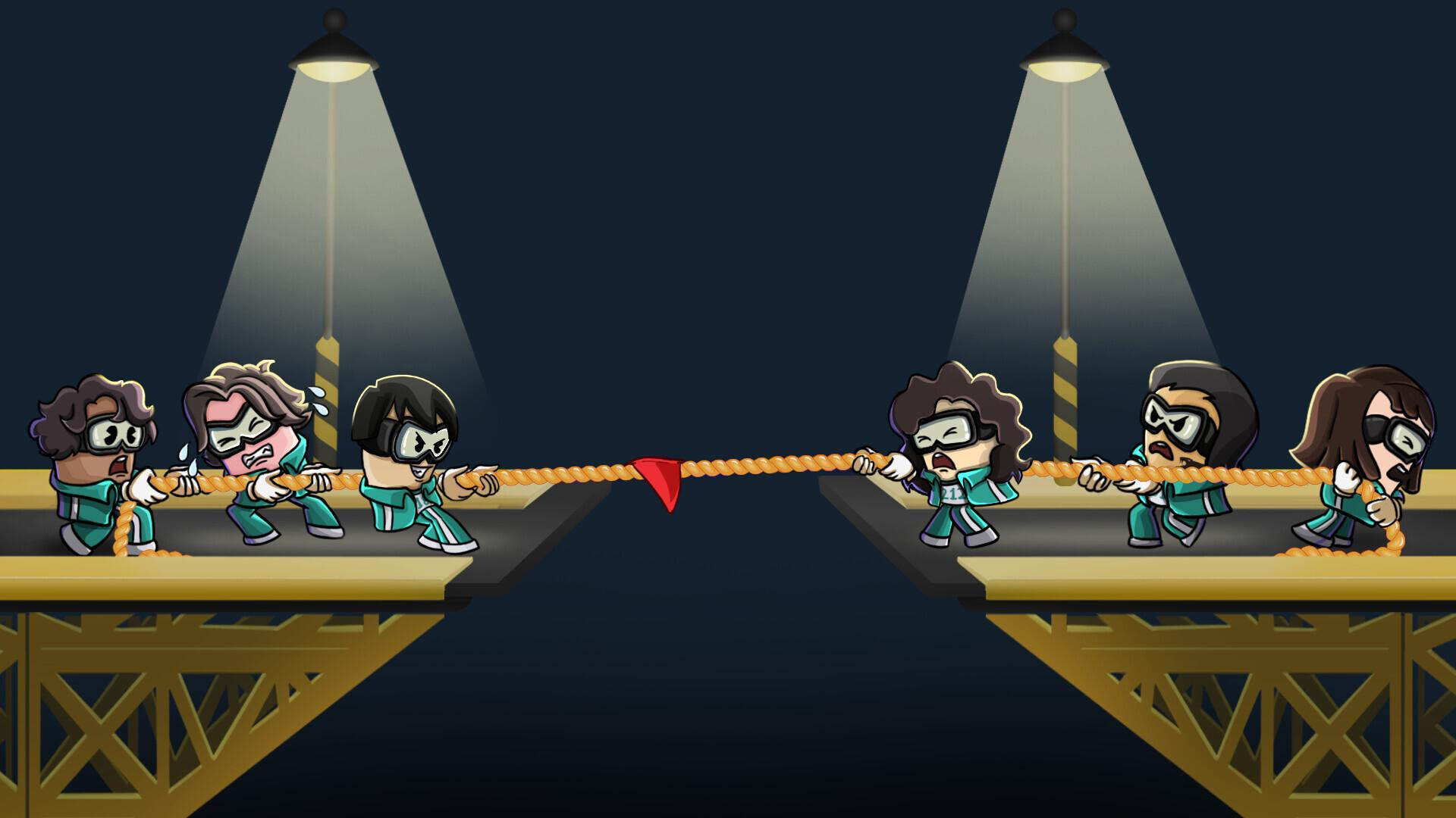 Two teams playing tug-of-war on platforms