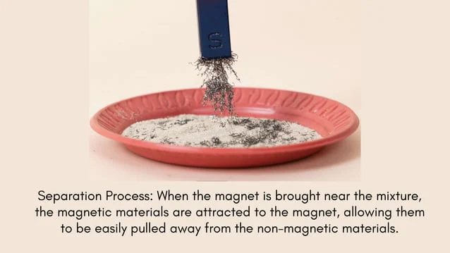 Magnet separating magnetic material from a mixture on a plate.