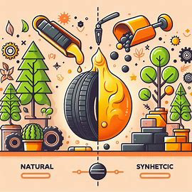 Diagram comparing natural and synthetic rubber with images of trees, oil, and a tire.