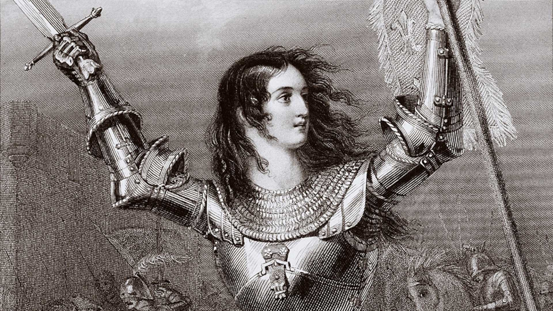 Joan of Arc in armor holding a sword and banner