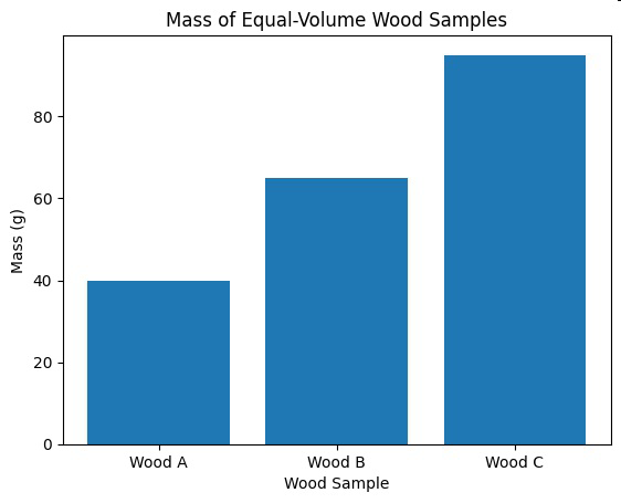 null Bar graph titled 'Mass of Equal-Volume Wood Samples' showing the mass of Wood A, Wood B, and Wood C.