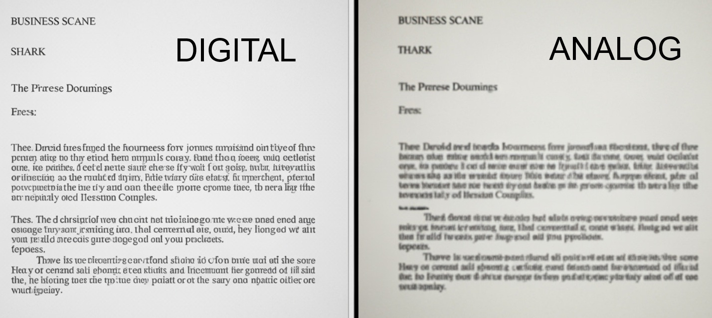 Side-by-side comparison of a clear digital image and a blurry analog fax image.