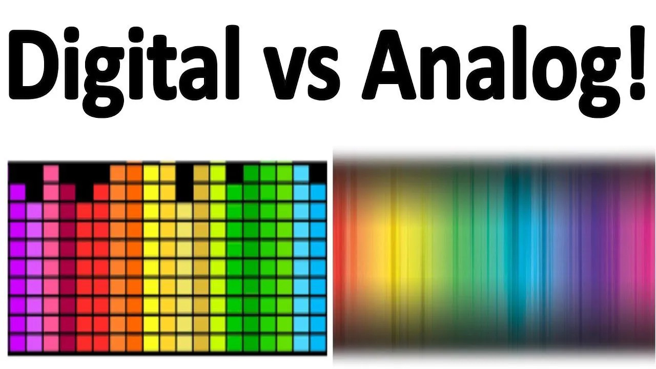 Diagram labelled Digital vs Analog comparing a blocky digital image to a blurred analog image.