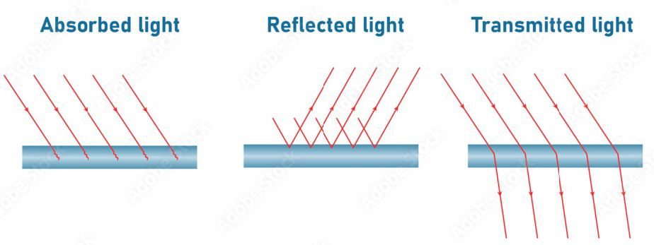 Diagram showing absorbed light, reflected light, and transmitted light.