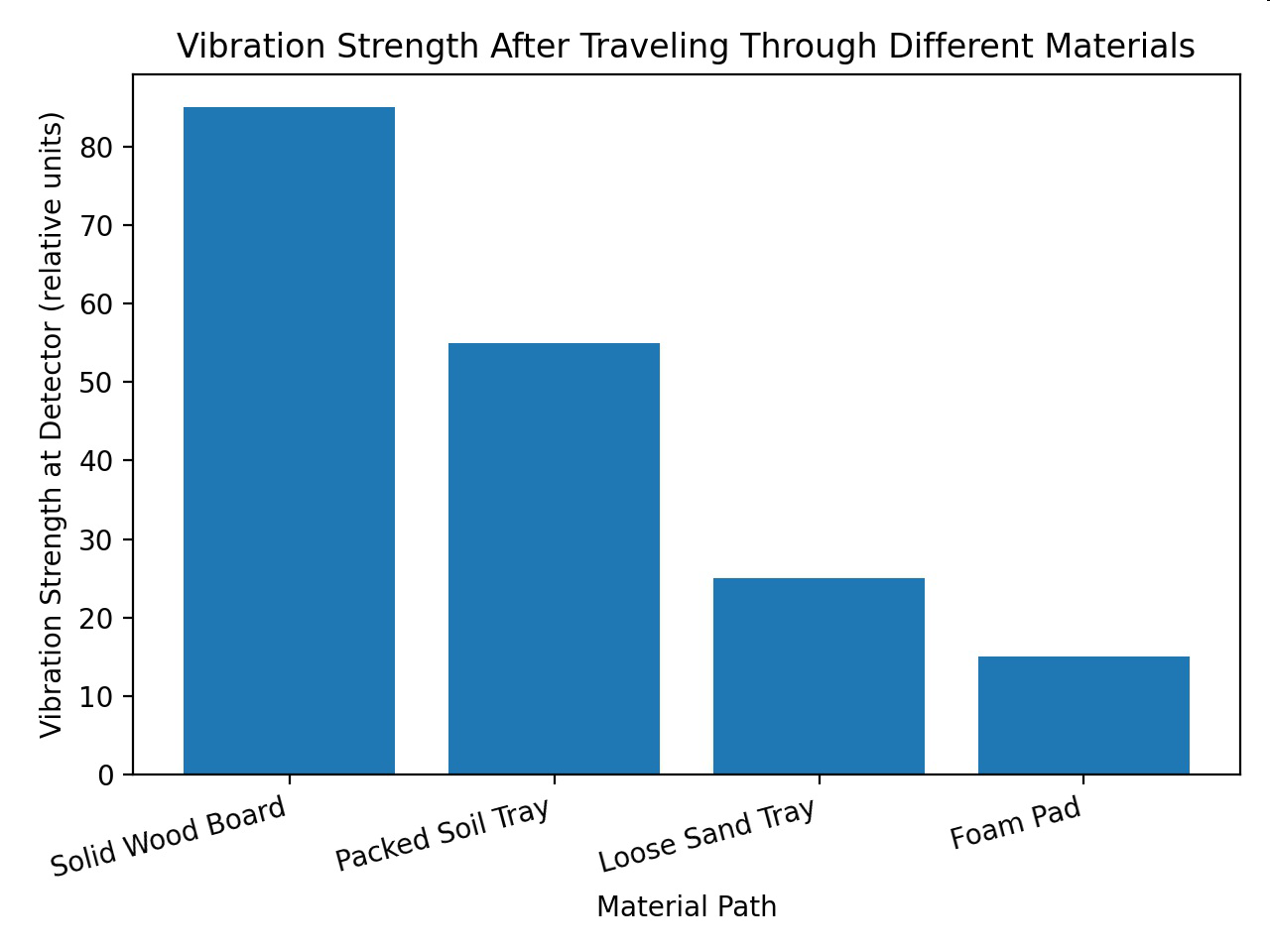 Bar graph titled 'Vibration Strength After Traveling Through Different Materials' showing detector vibration strength for four material paths: Solid Wood Board, Packed Soil Tray, Loose Sand Tray, and Foam Pad.