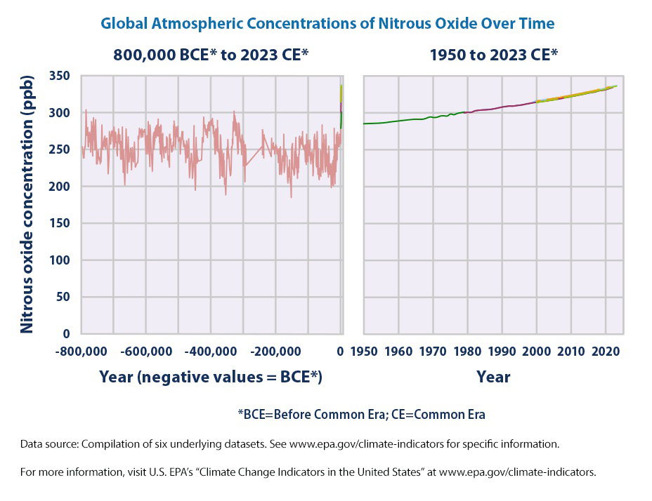 Graph titled Global Atmospheric Concentrations of Nitrous Oxide Over Time, showing nitrous oxide concentration from 800,000 BCE to 2023 CE and from 1950 to 2023 CE.